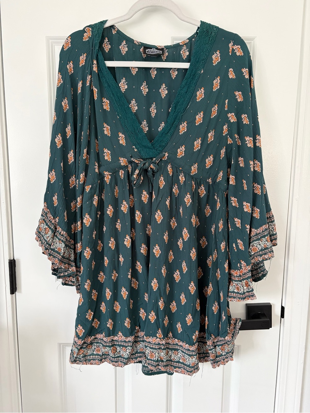 Angie Teal Boho Floral V-Neck Long-Sleeve Dress